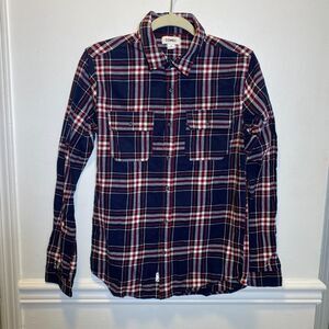 Classic COMO Man Plaid Flannel Button Up Shirt Navy Red White Cotton